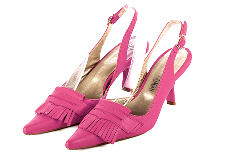 Fuschia pink women's slingback shoes. Pointed toe. High spool heels. Front view - Florence KOOIJMAN